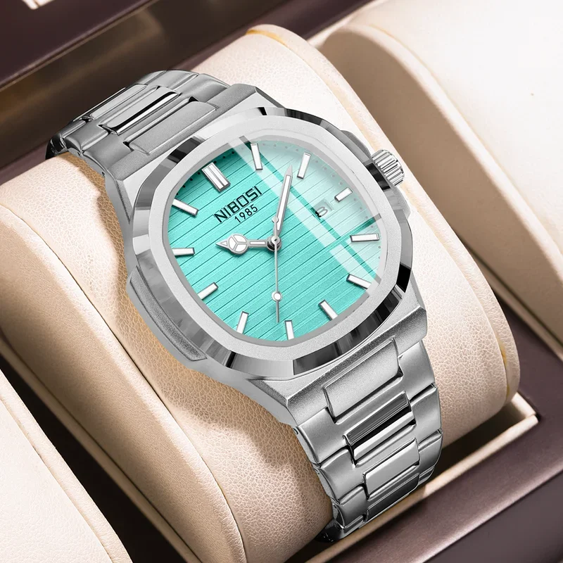 NIBOSI Luxury Watch Business Square Quartz Men Watch Waterproof Male Clock Luminous Date Stainless Steel Military Reloj Hombre