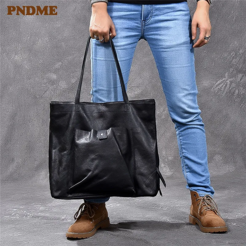 Top quality genuine leather large capacity black tote bag luxury men handbag casual real cowhide women work travel shoulder bag