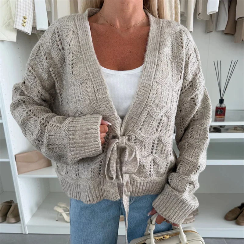 

New Winter Crochet Solid Color Cardigan Women's Sexy V-neck Lace Up Solid Color Sweater Top Casual Streetwear Warm Sweater Coat