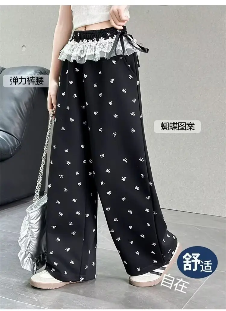 UNITIM Frühlingshosen mit Schleife für Mädchen, bedruckte Wide-Leg-Hosen für Teenager-Mädchen, lockere Kinderhosen, Freizeithosen für Kinder, 5–14 Jahre – Detail 1