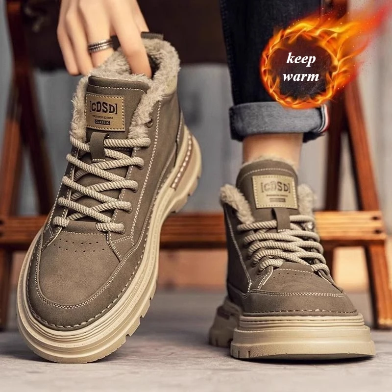 Men's Leather Thick Soled Snow Boots Outdoor Casual Padded Shoes for Men Winter Fashion Design Thick Sole Anti-Slip Ankle Boots