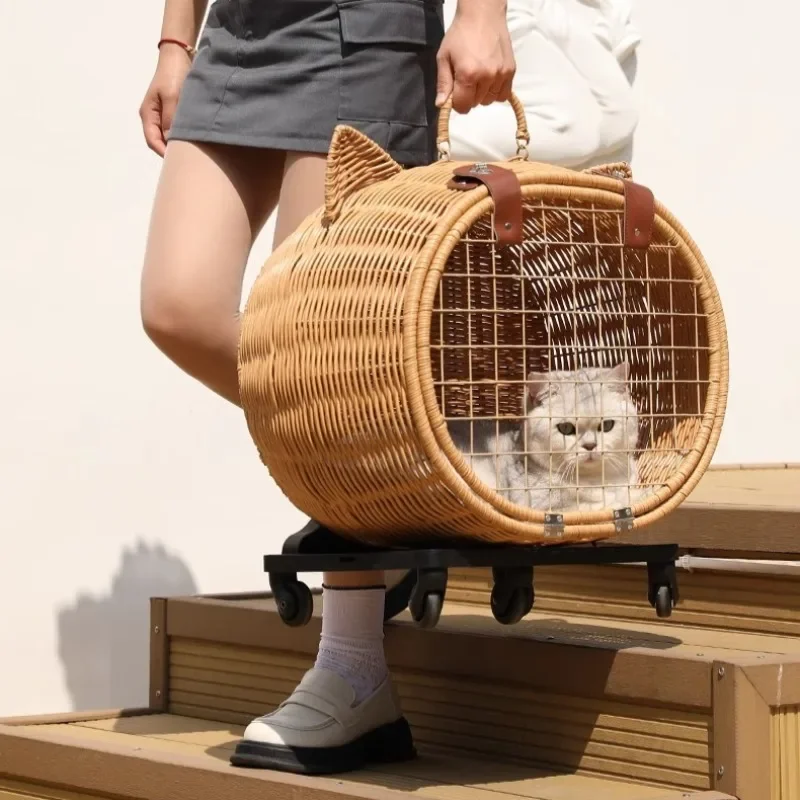 Rattan Plaited Articles Portable Cat Carriers Case Breathable Large Pet Pull Rod Trolley Case Outdoor Ventilation Pet Products