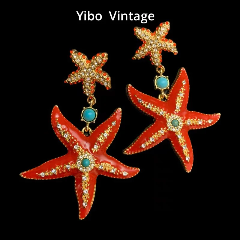 

Vintage zircon inlaid starfish ear stud Electrogold plated red drop glaze fashion light luxury earrings for women