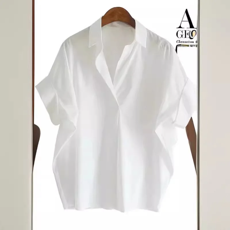 2025 Summer New Shirt Short-sleeved Loose Temperament Top Loose Bat-sleeved Collar Shirt