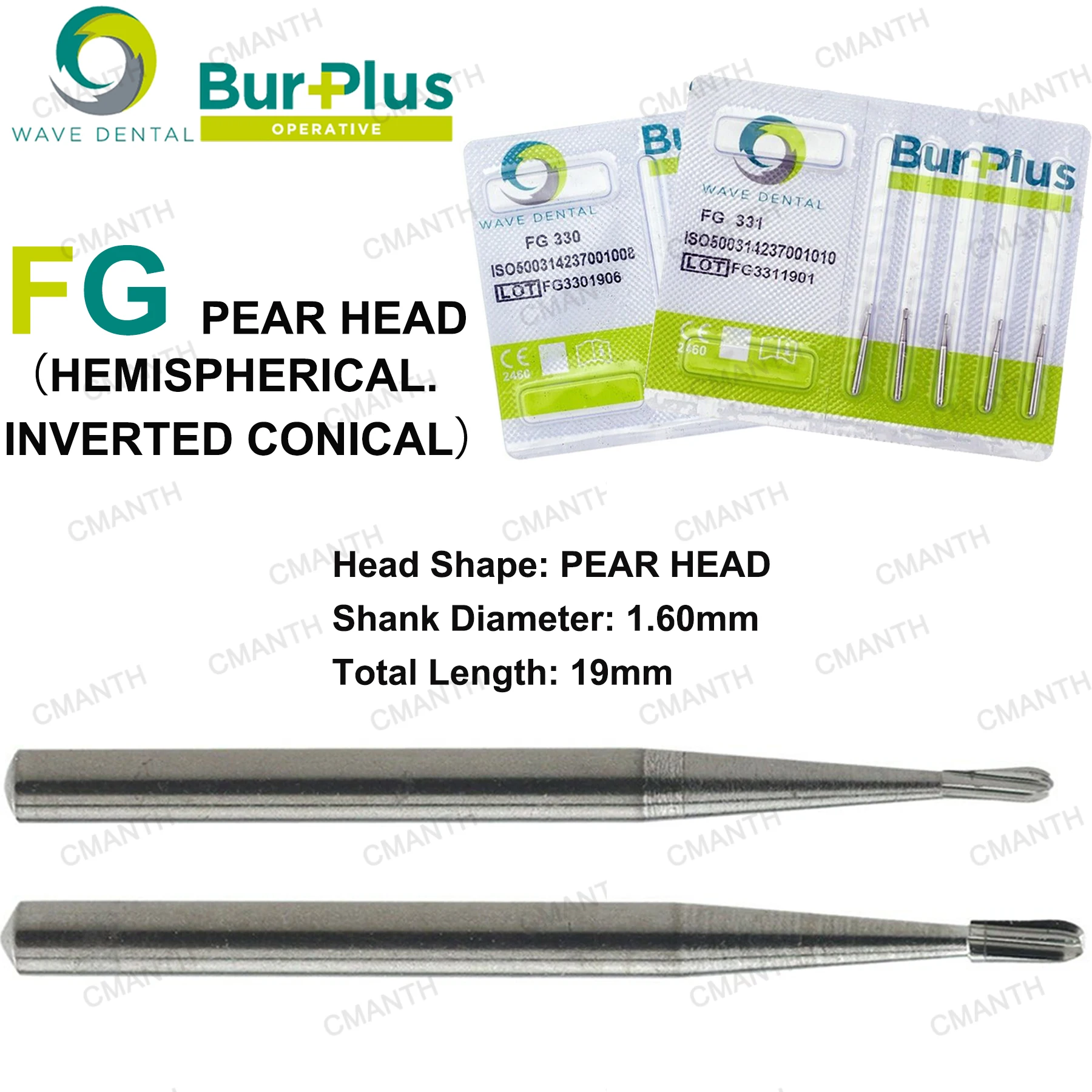 WAVE Dental Burs Tungsten Carbide Burs Pear Head FG330 FG331 High Speed Dia.1.6mm Dentistry Drills Dental Strawberries 5pcs/Pack