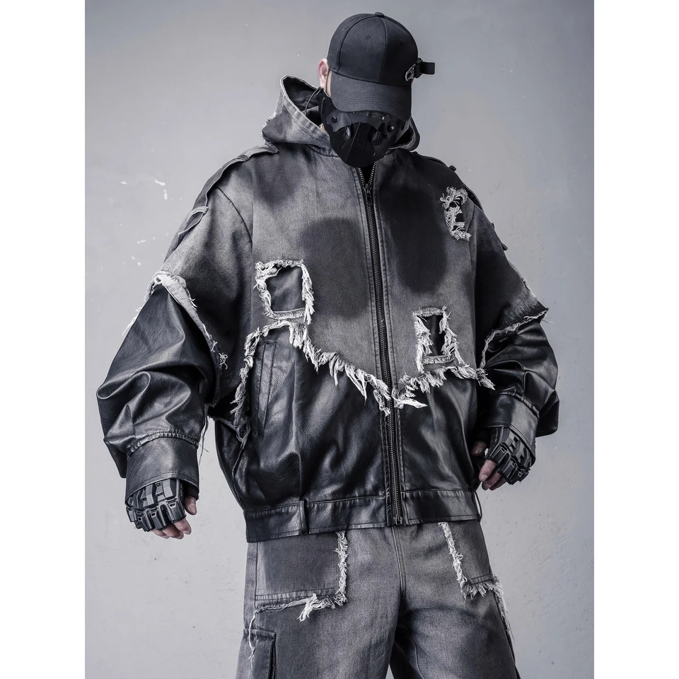 Vintage Distressed PU Leather Patchwork Denim Jacket Hooded Coat