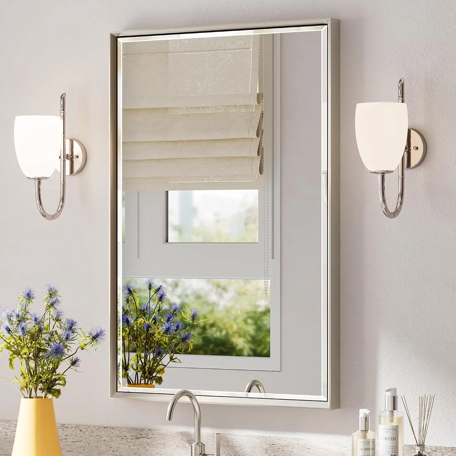 Brushed Nickel Bathroom Mirror, 24x36 Inch Beveled Framed Bathroom Mirror Anti-Rust, Brushed Nickel Metal Frame Bathroom Vanity