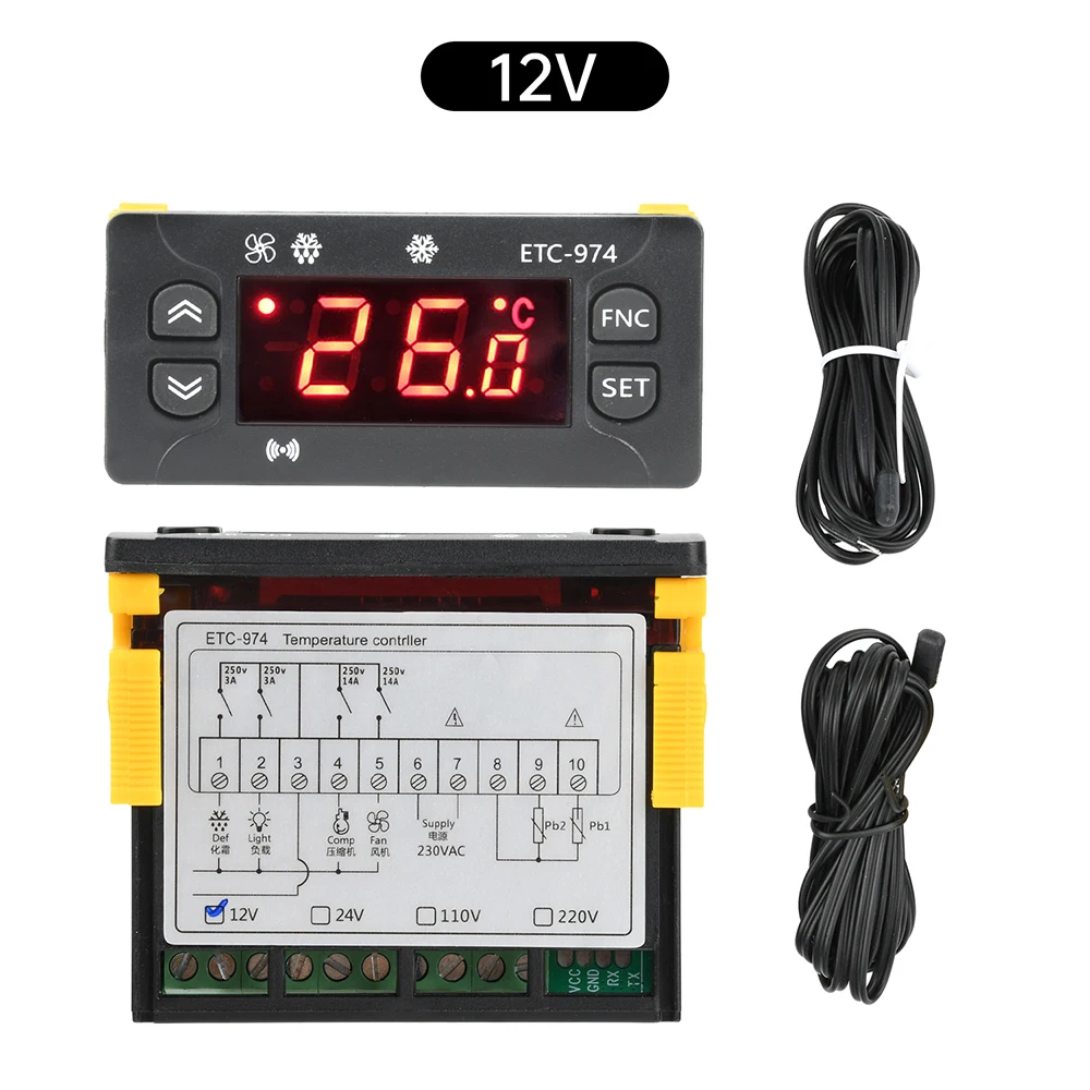 Dc 12v/24v ac 110v/220v ETC-974 controlador de temperatura geladeira descongelamento controle aquecimento termorregulador com sensor ntc