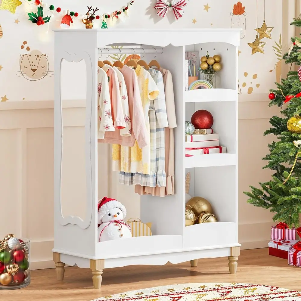 

Dress Up Storage with Flower Mirror & Wood Legs, Open Hanging Closet Wardrobe for Children, Kids Armoire & Costume Organizer for
