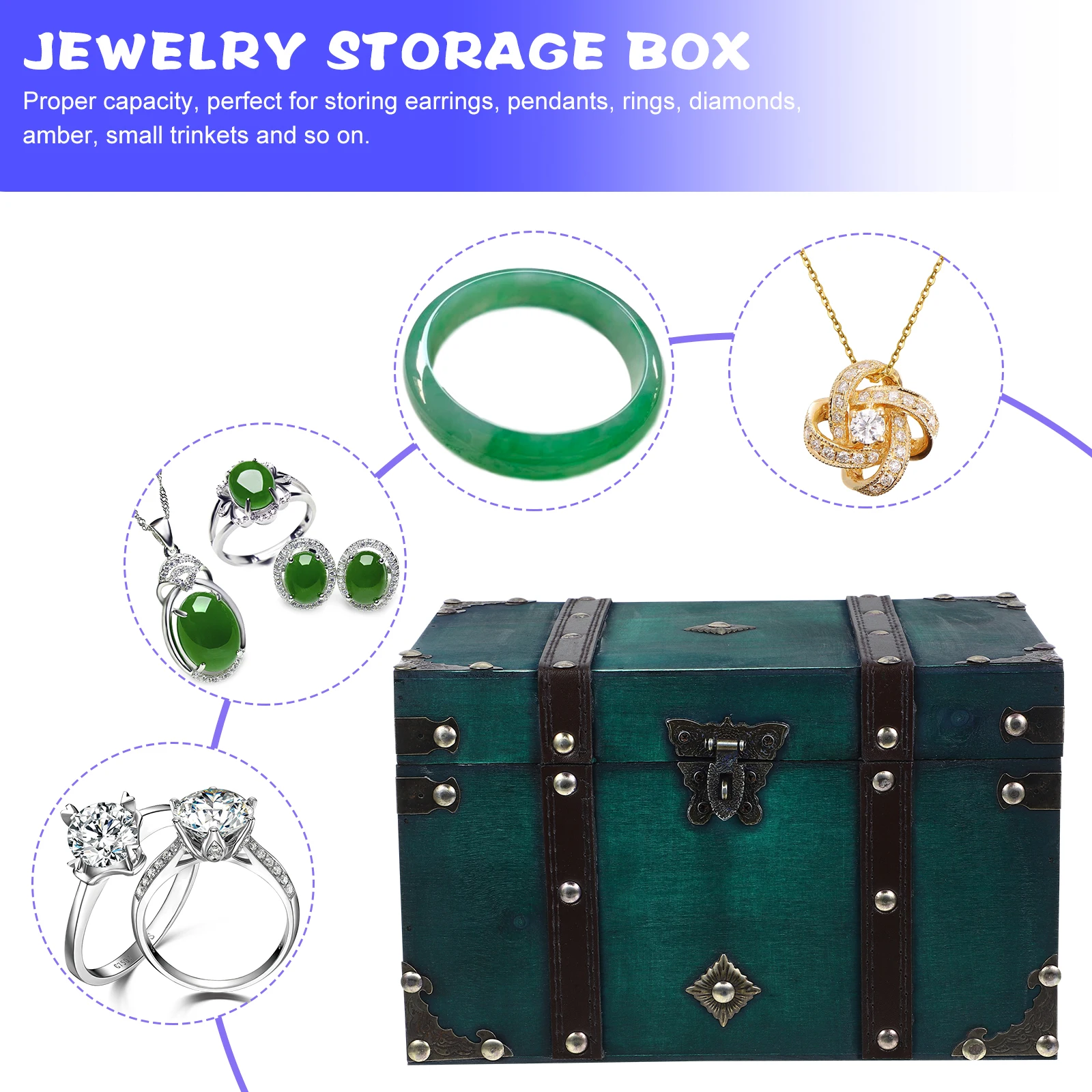 

Vintage Style Storage Box Jewelry Organizer Wooden Treasure Chest Desktop Case For Trinkets Photo Props Large Capacity With Lock