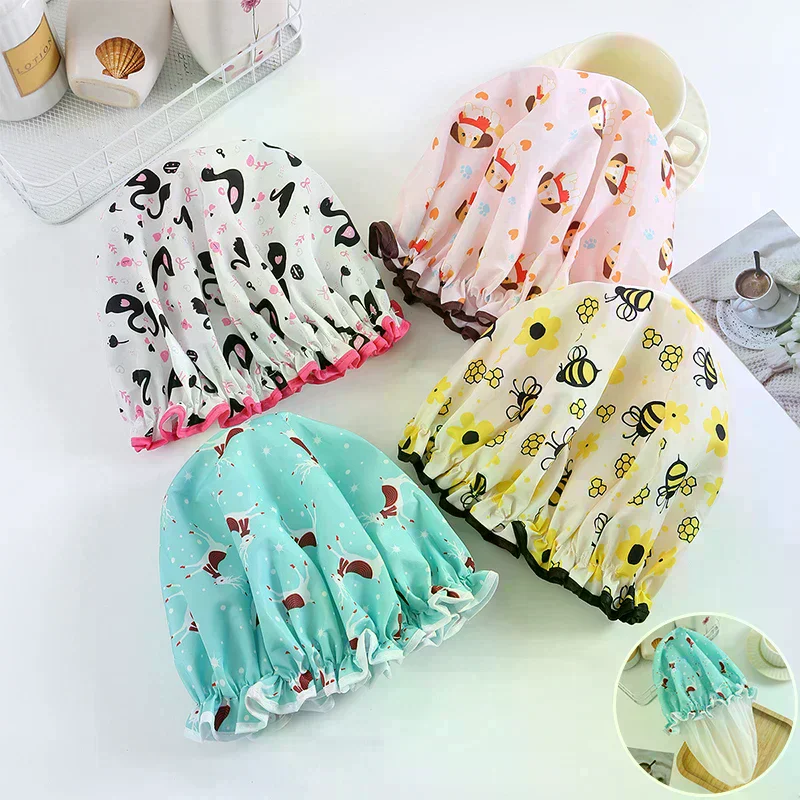 

Flower Pattern Double Layer Shower Cap Waterproof Reusable Printed Bath Hair Bonnet For Women Ladies Spa Salon Home Travel Use