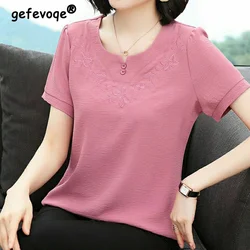 Summer 2022 New Casual O-neck Embroidery Chiffon Top Women Short Sleeve Loose Fashion Mother's Clothing Comfort Shirt Blouses
