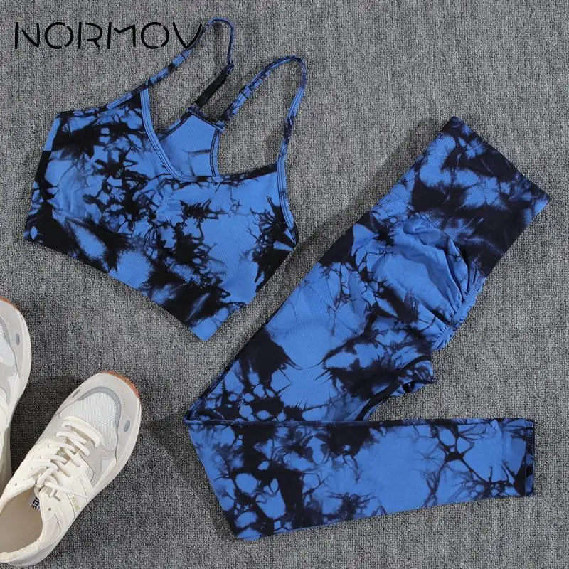 NORMOV Tie Dyeing Gym Set Seamless Women Sports Set Raises Butt Gym Set Women High Waist Workout Set Tracksuit Woman Tank Top