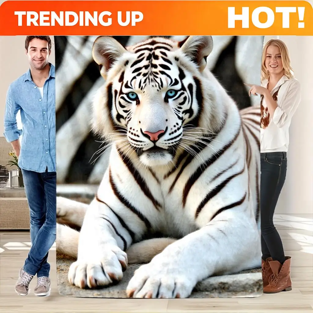 Customize [White Tiger Blanket] Soft And Lightweight Flannel Throw Blanket Featuring a Cozy White Tiger Print, Designed with Bla