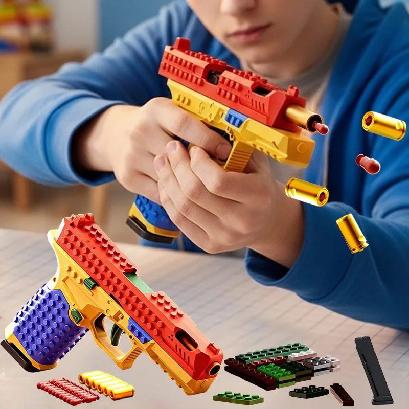 Building Block Pistol Continuous Firing Toy Pistol Rapid Fire Shell Ejecting DIY Soft Bullet Blaster For Boys Kids Cosplay Gift