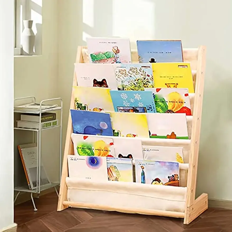 

6-Layer Sling Book Rack Shelf Organizer For Kids Bedroom Playroom Toy Storage Save Space(Natural Beige)