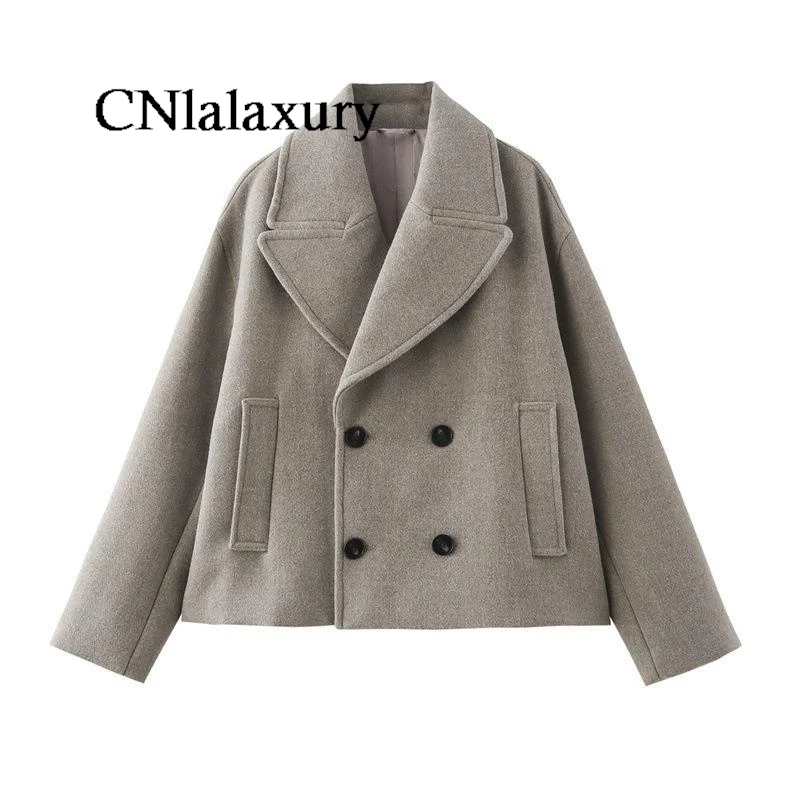 CNlalaxury Women Autumn Winter Double Breasted Woolen Coat Elegant Long Sleeves Short Jacket Fashion Lady Warm Street Outerwear