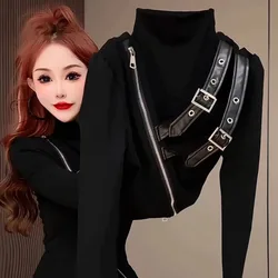 Autumn Winter Black Tees Fashion PU Belt Patchwork Long Sleeve O-neck Sexy Slim Spicy Girl Y2k Tops Women Base Graphic T Shirts