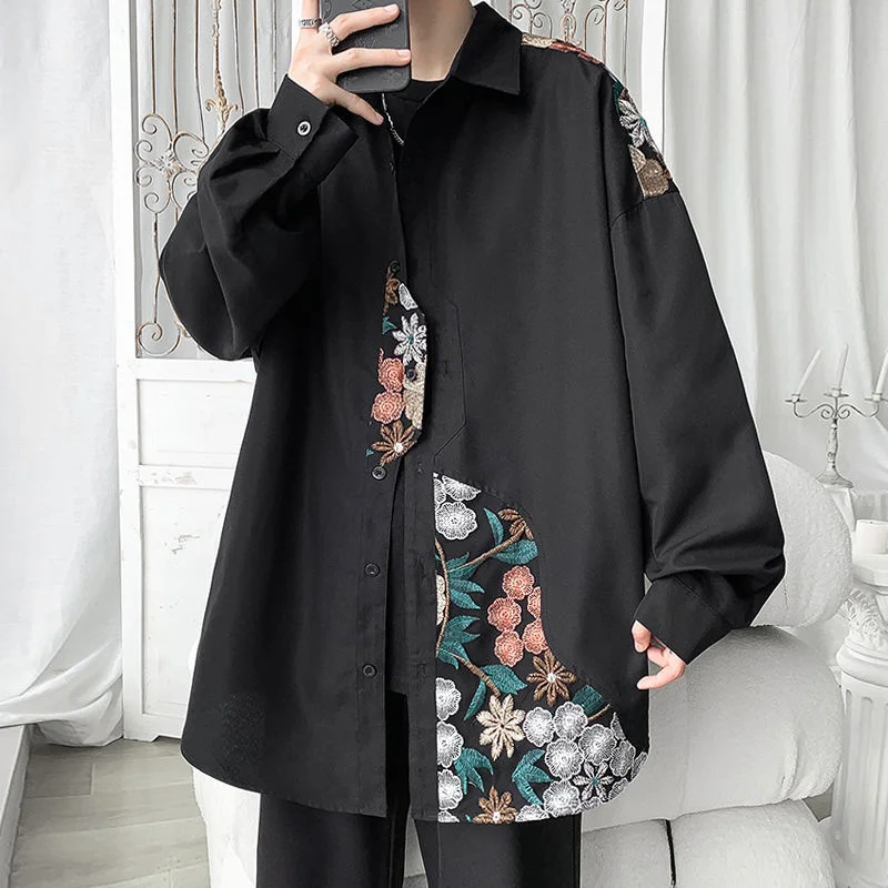 

Autumn Embroidered Shirts Men Fashion Retro Flower Shirts Mens Japanese Streetwear Loose Long Sleeve Shirts Men Plus Size M-5XL