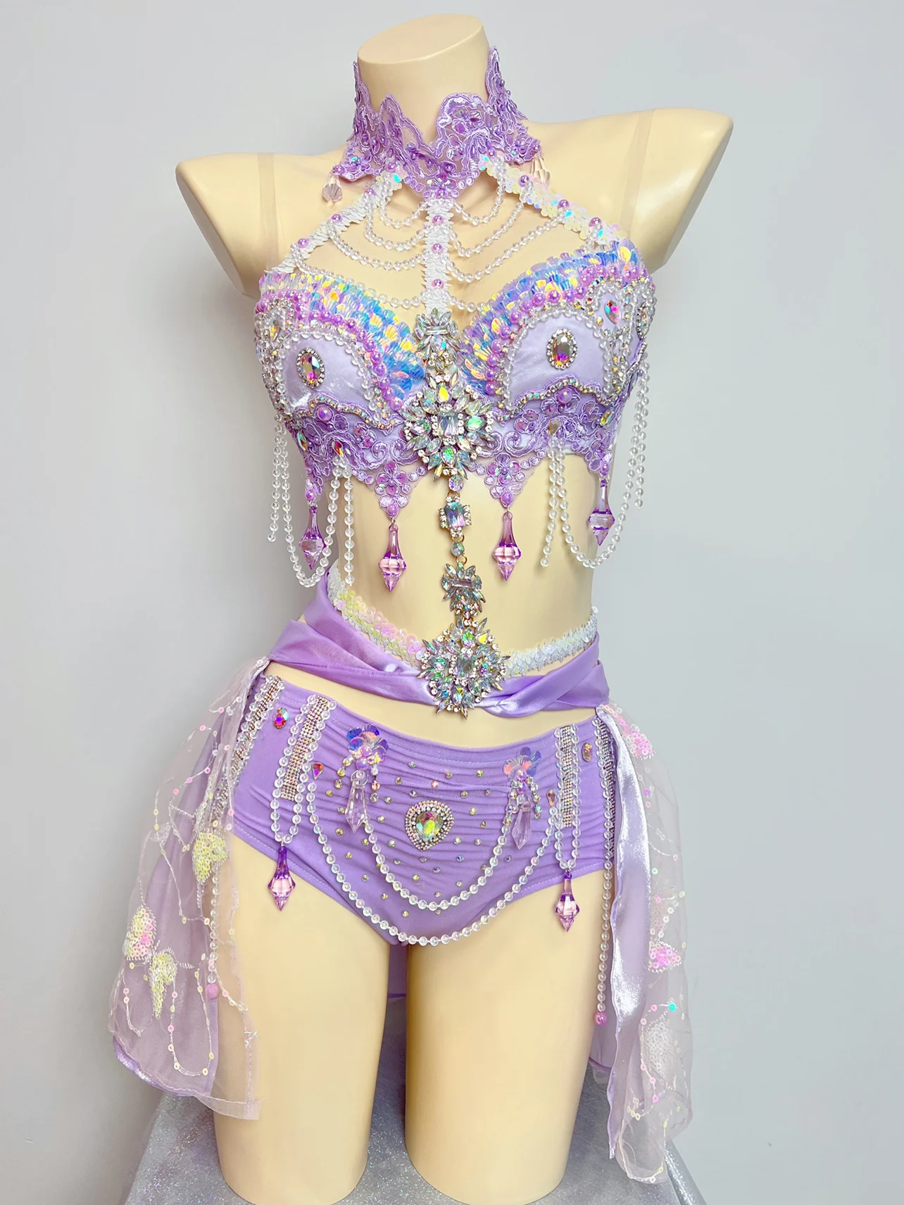 Purple Crystal Bikini Sexy Pole Dance Costume Clubwear Nightclub Gogo Dancer Performance Outfit Belly Dance Clothing