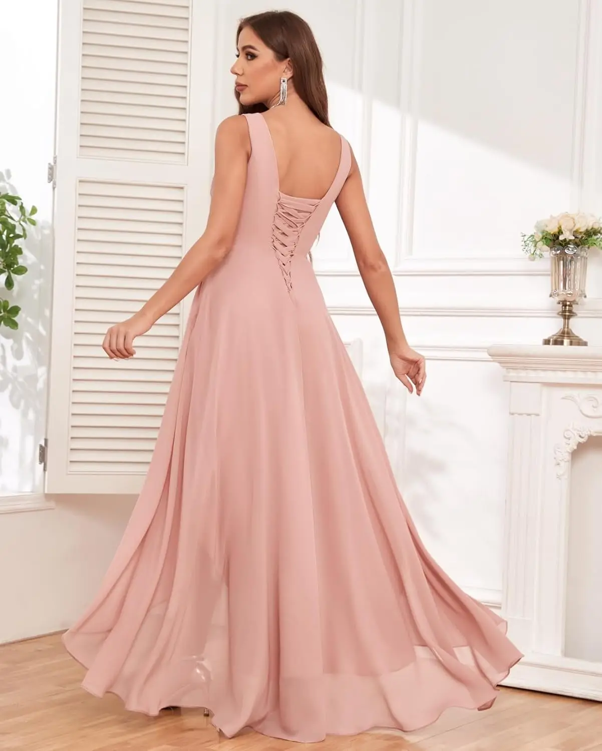 여성용 웨딩 브라이드메이드 드레스, A라인 하이로우 디자인, V넥 쉬폰 주름 장식 이브닝 정장 드레스, 포켓 포함 파티 드레스