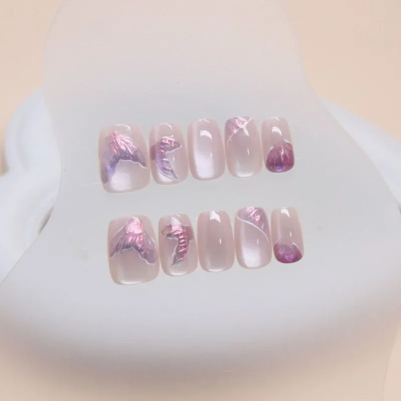 

30Pcs Press on Fake Nails for Girls Removable Purple Mermaid Short Ballet False Nails for Gluing Square Artificial Nails Set