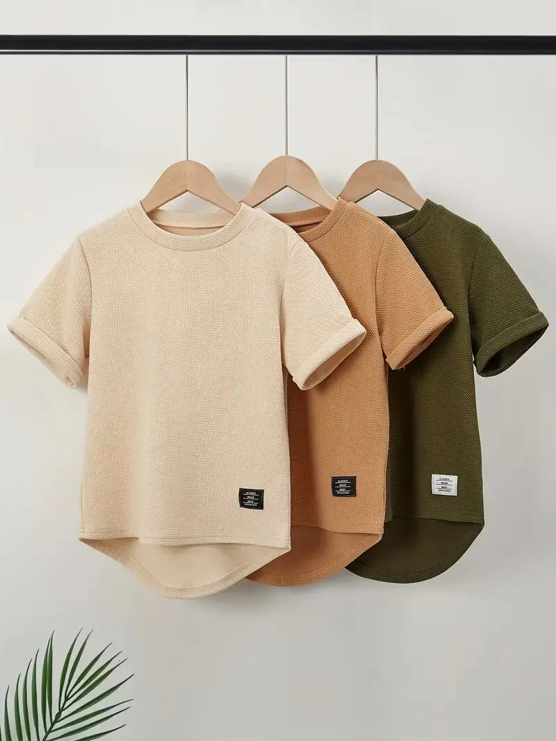 3pcs Boys Label Patched Solid Color Curved Hem T-shirt - Lightweight and Comfy Summer Tee Tops