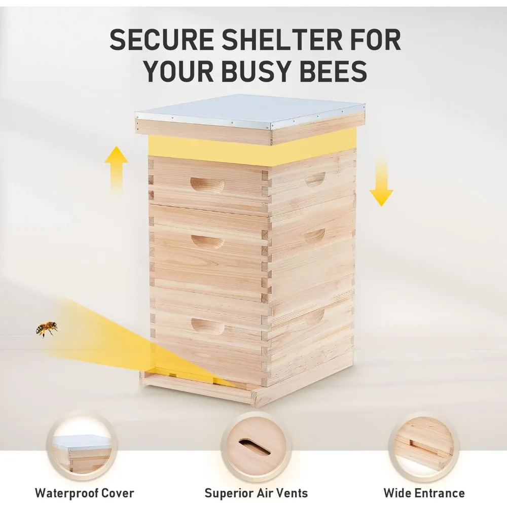 Bee Hive Boxes Starter Kit, Langstroth Beehive for Bee Keeping, 3 Layer Bee House with 10 Medium and 20 Deep Frames & F