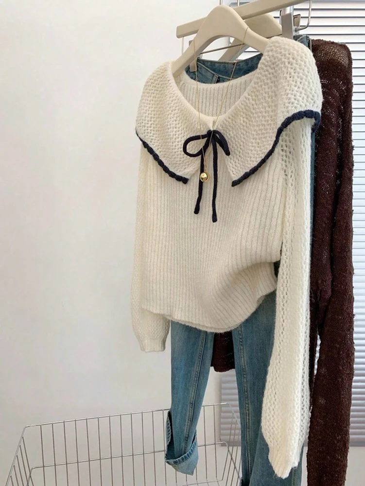 2025 Autumn/Winter New Arrivals Pre-Fall Colour-Block Peter Pan Collar Bow-Tie Pullover Lightweight Long-Sleeved Knitwear
