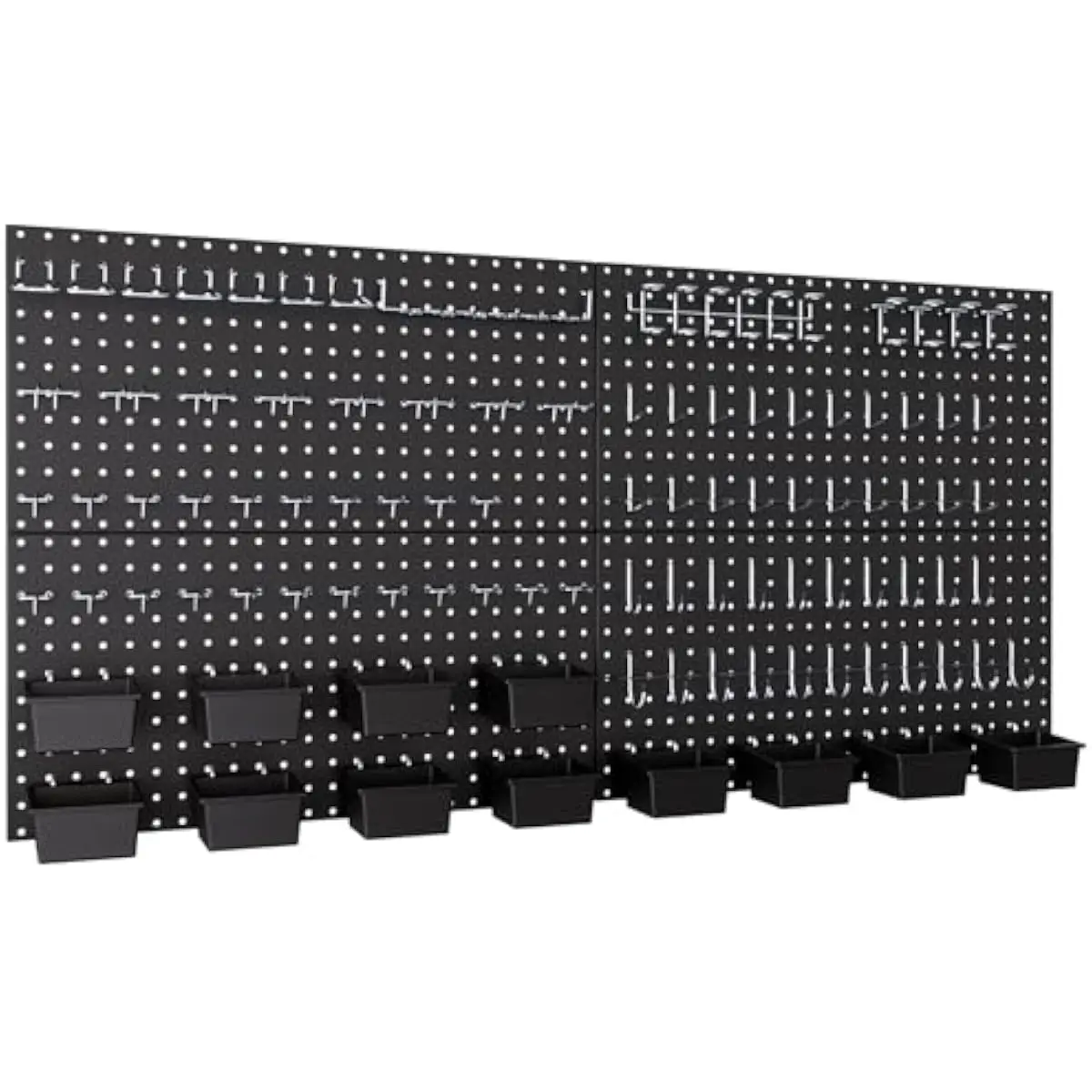 4-panel black metal pegboard system 48x24 inches with 154 durable accessories including bins curved angled straight hooks and ri