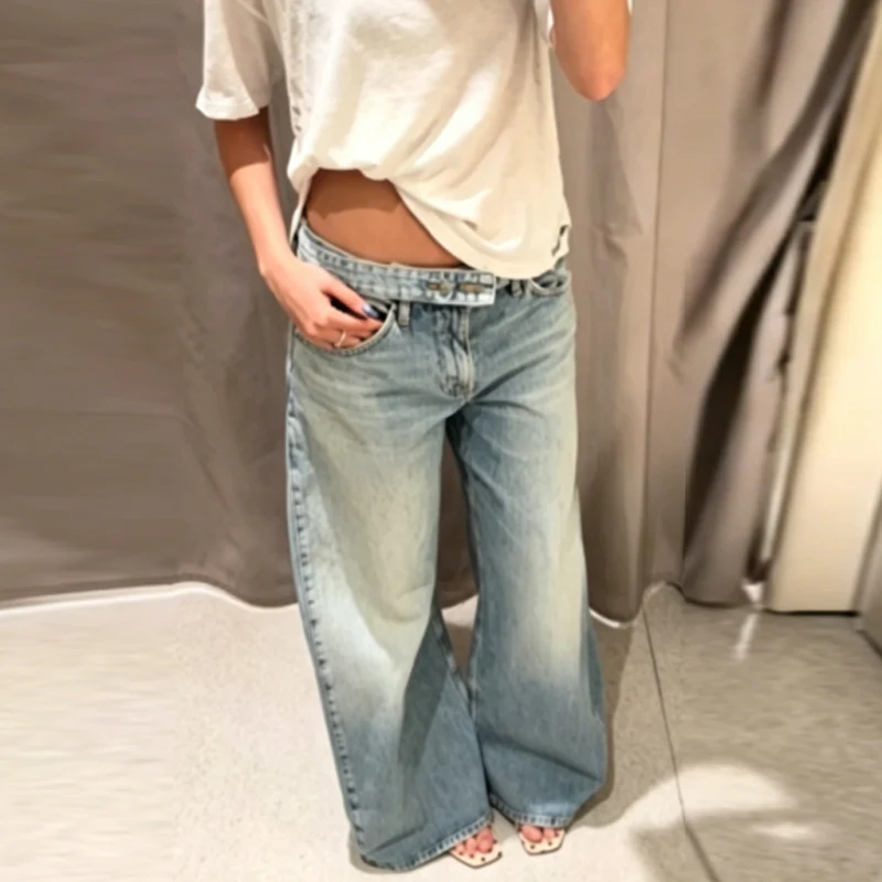 HXAO Blaue Baggy Jeans Damenhose Sommer 2026 Damenmode Mittlere Taille Weites Bein Gürtel Denim Hose Lässige Y2K Streetwear Hose – Detail 7