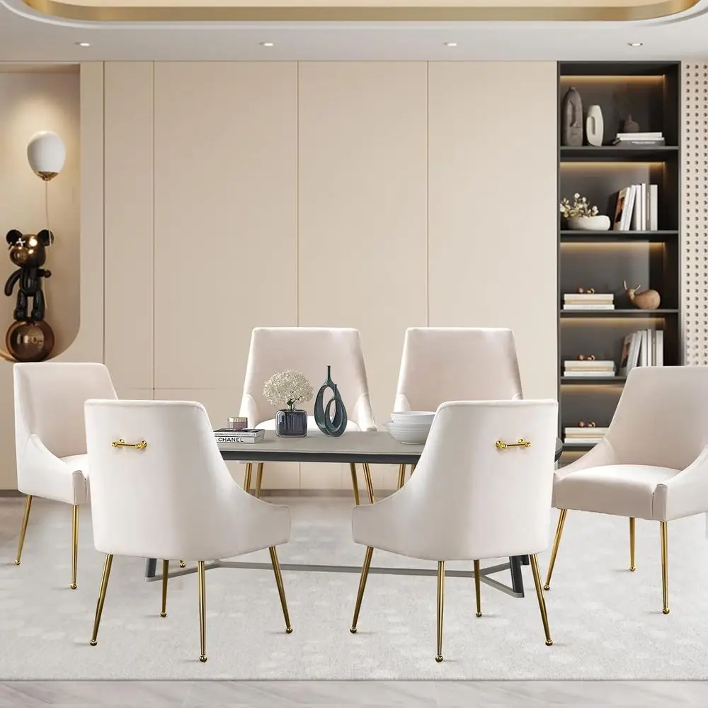 

Set of 6 Velvet Upholstered Kitchen Side Chairs with Gold Pull Handle, Accent Chairs for Dining Room, Living Room, Restaurant (B