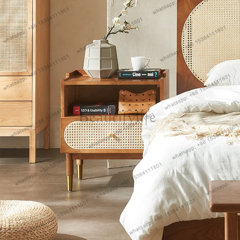 FG Nordic solid wood bedside table, simple rattan edge few lockers