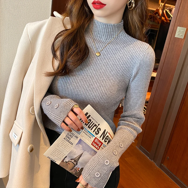 

Knitted Sweater Women Pullovers Fashion Mock Neck White Black Knit Sweater Pullover Women Tops Long Sleeve Sueter Feminino Q3364