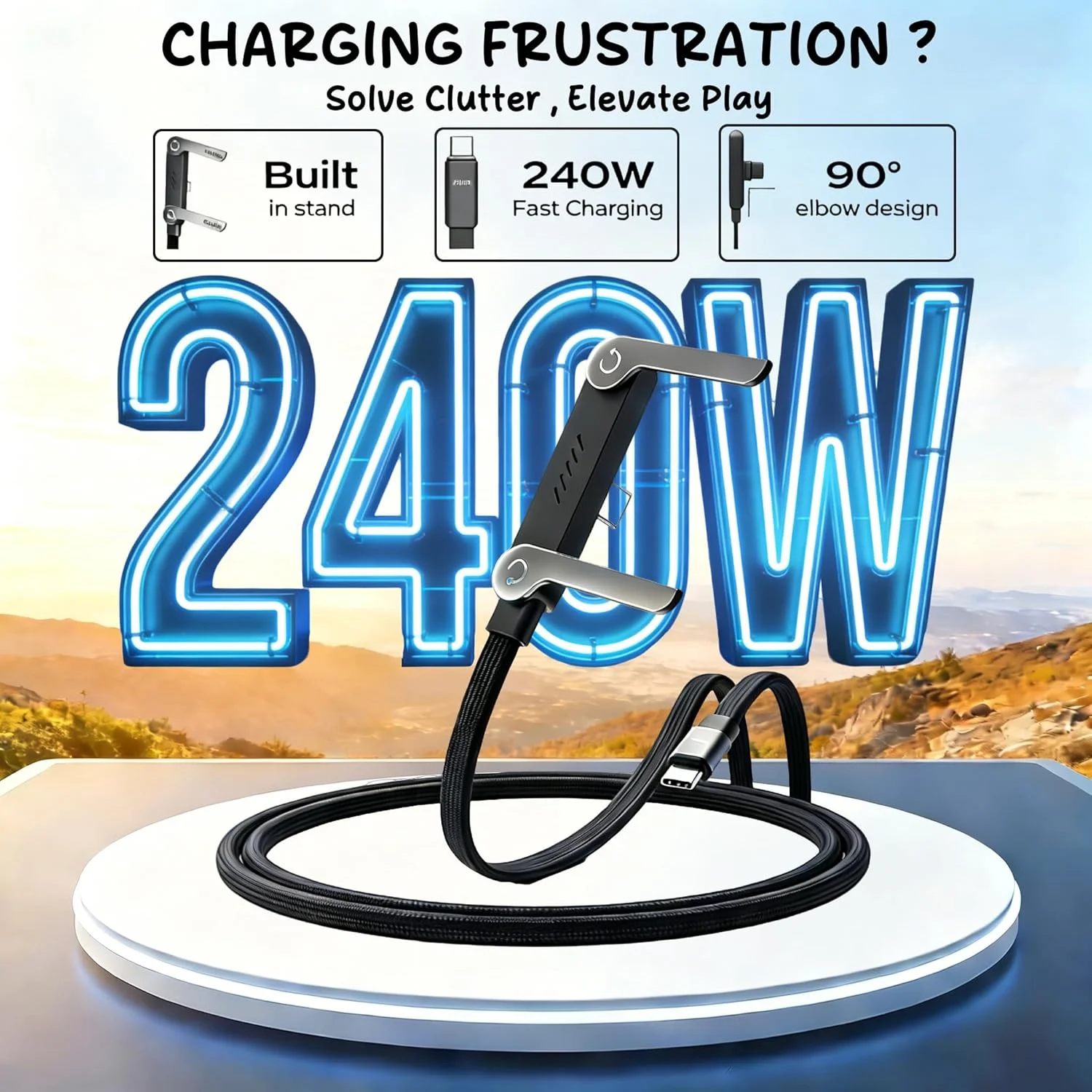 240W Braided Fast Charge Cable 90° Right Angle Type-C to Type-C Cord, Durable Foldable Charger Cable with Adjustable Phone Stand