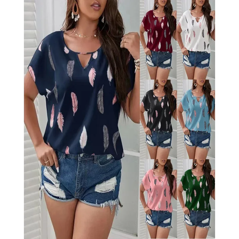 Women Spring Summer Shirt Blouse Hollow Out Printing Color O Neck Shorts Sleeves Casual Fashion Comfortable Regular Standard Fit