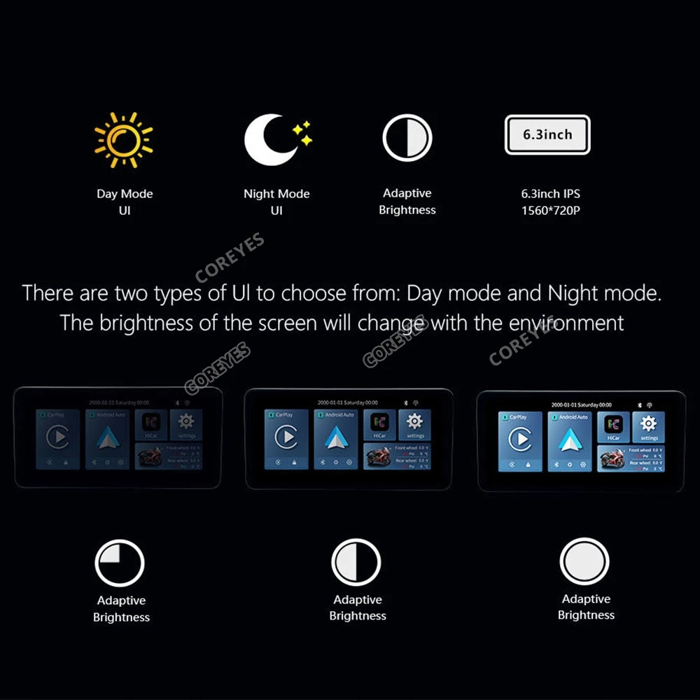 COREYES L200 Tela para motocicleta Carplay Moto Navegação Tela à prova d'água Monitor portátil para motocicleta sem fio Android Auto