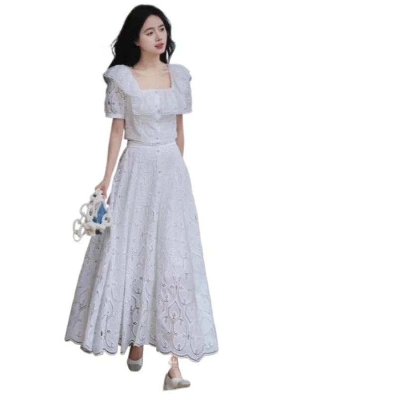 Lace Square Neck Ruffle Leaf Edge Two-piece Suit Skirt High Sense Light and Mature Style Temperament White Top Half-length Skirt