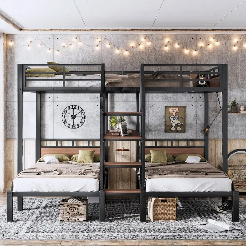 Full XL Size Over Twin Triple Metal Bunk Bed Frame Storage Stairs Shelves Modern Heavy Duty Space Saving Dormitory Apartment OEM