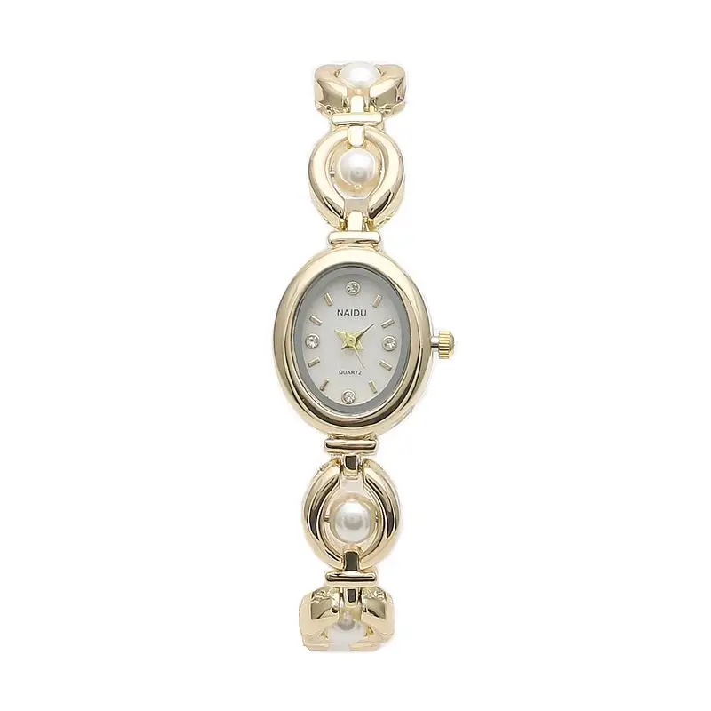 Women's Diamond Oval Watch Imitation Pearl Strap Mesh Strap Quartz Watch Mori Style Elegant Wristwatch