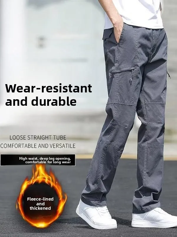 

Men's Workwear Trousers Straight Leg Fce Lined Casual Hiking Pants Autumn Winter Wear Resistant Polyester Fiber Long Pants