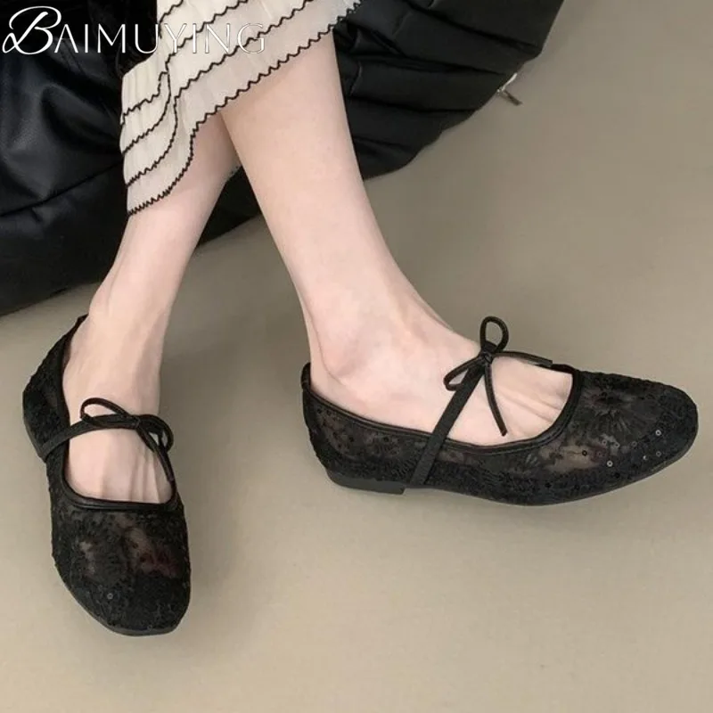 Bow Mesh Lace Flats Ballerine Sandali da donna Marie Janes Scarpe Punta quadrata Estate 2025 Nuovo vestito di tendenza Designer Sandalias Mujer