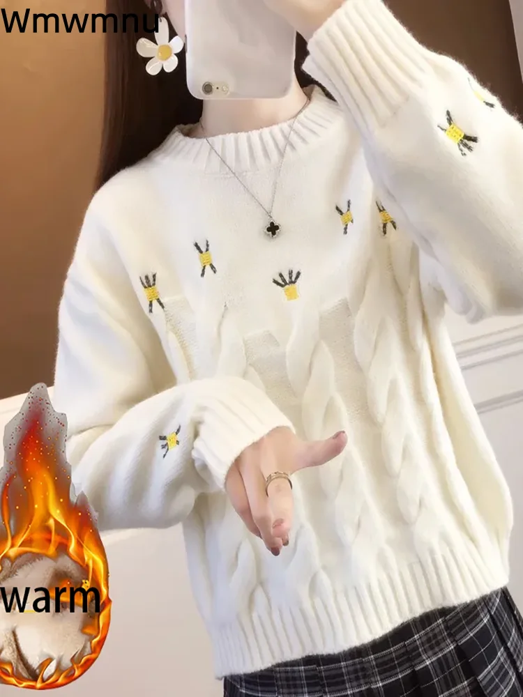 

Women's Casual Korean Fashion Short Sweater Plush Thickened Warm Sueter Jumpers O-Neck Soft Bottom Knitwear Top Pullovers