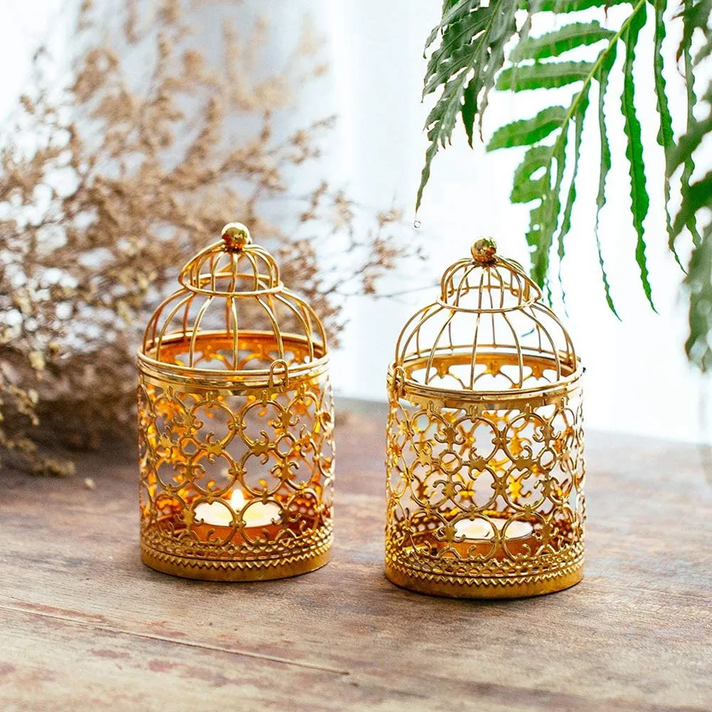 2Pcs Small Metal Tea Lights, Hanging Bird Cage Lanterns, Candle Gold Lanterns, Vintage Wedding and Party Decorations