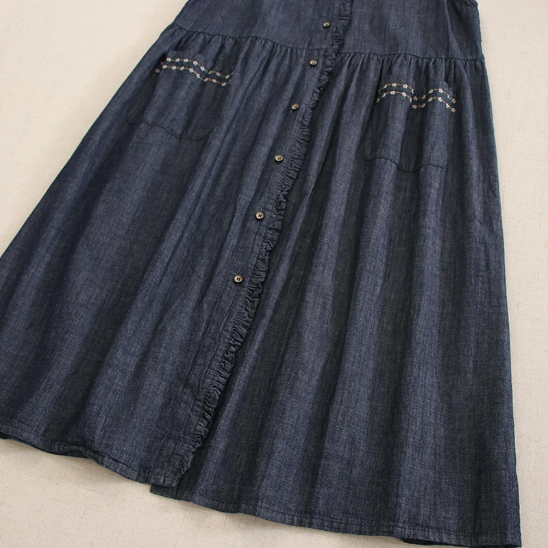 Spring Autumn Vintage Floral Embroidery Denim Tank Dress Women O-Neck Sleeveless Casual Loose Single Breasted Jeans Dresses