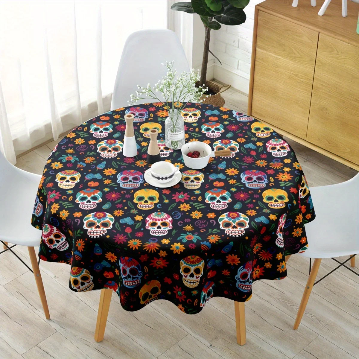 One Mexican festival tablecloth - vibrant sugar skulls and floral patterns in red, black and green colorszyc