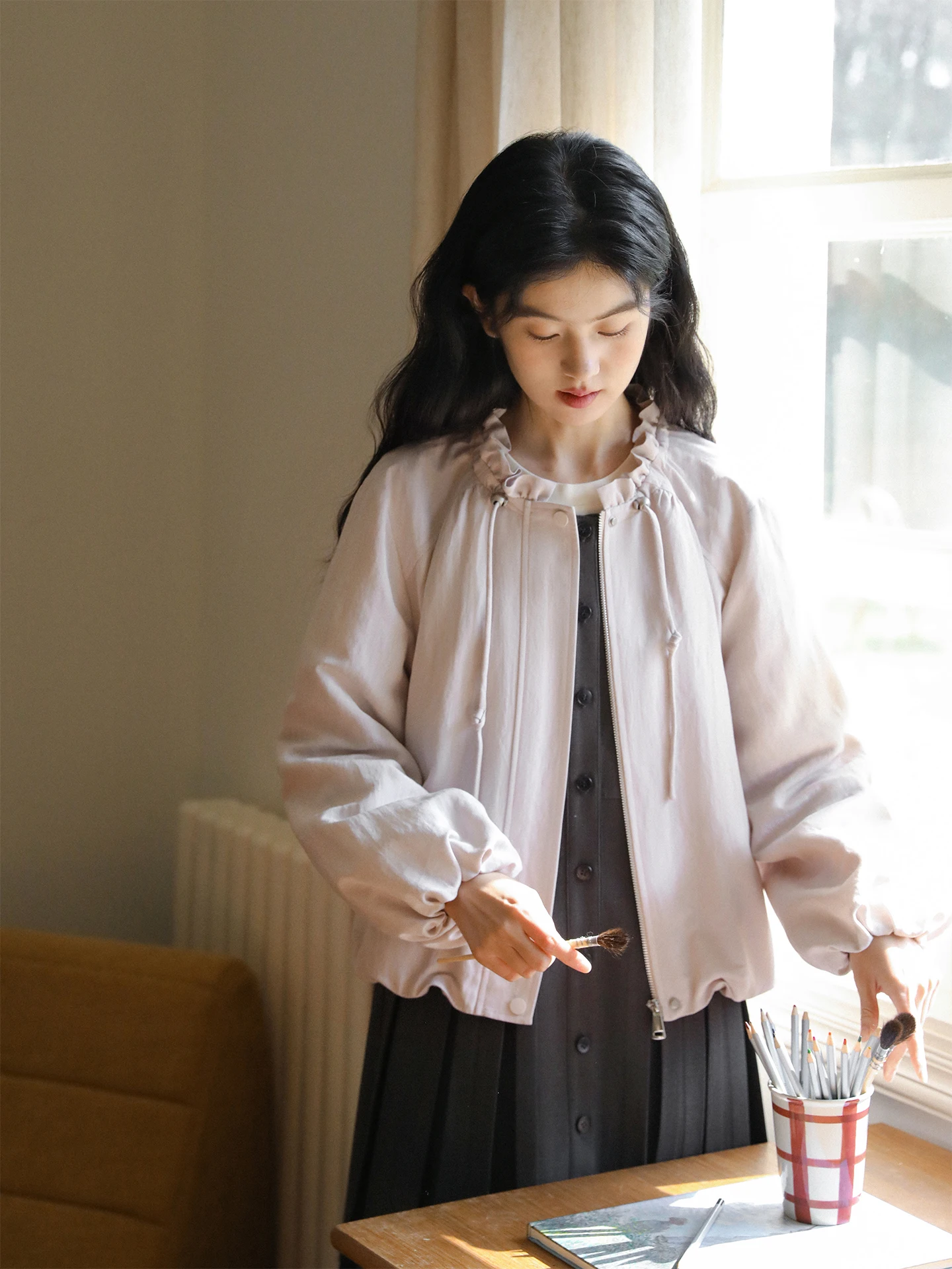 

Nesoulum Sweet Heart Brownie Dstring Bowed Wooden Collar ort Jaet Women Spring Casual Loose Sle Floral Pattern