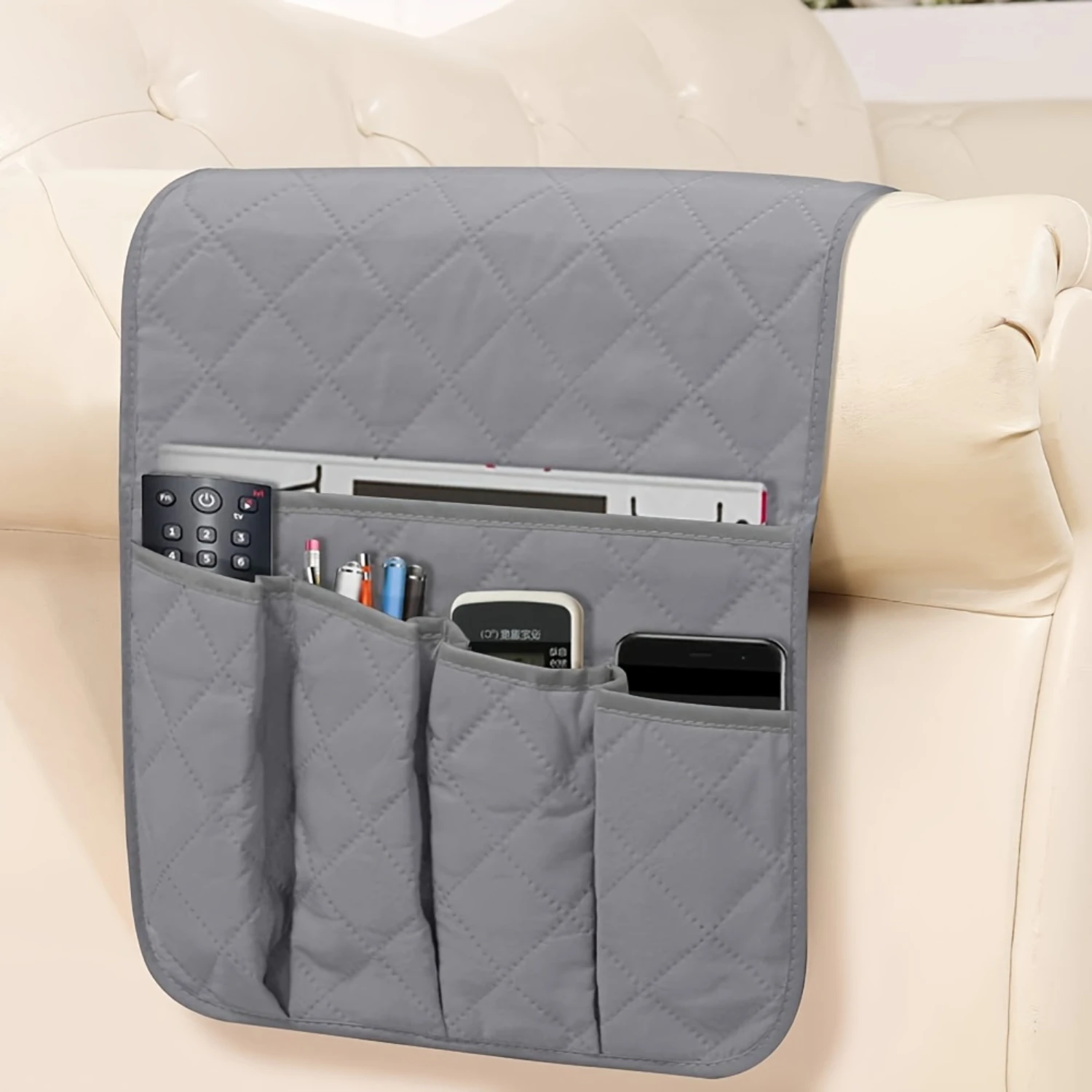 

Armrest Organizer for Sofa, Recliner Couch, Bedside Caddy with 5 Pockets - Non-Slip, Cell Phone, TV Control, Magazines Holder fo