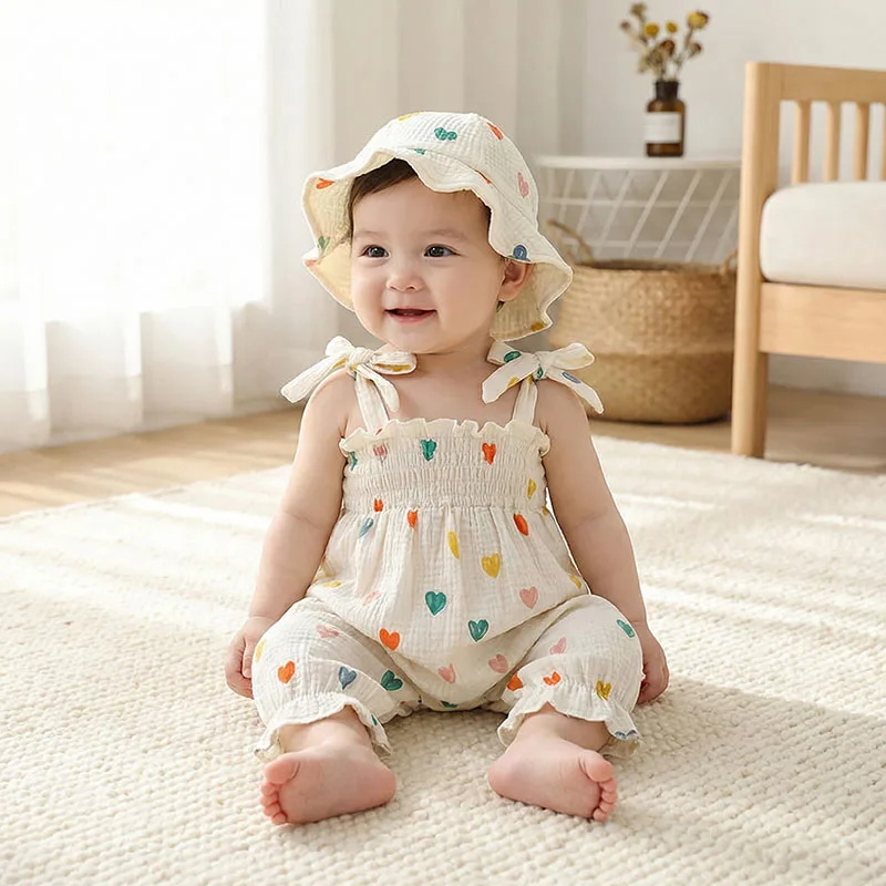2026 Summer Baby Rompers 0-24M Sweet Floral Tulip Infant Girls Strap Jumpsuit + Hat Loose Korean Toddler Love Clothes