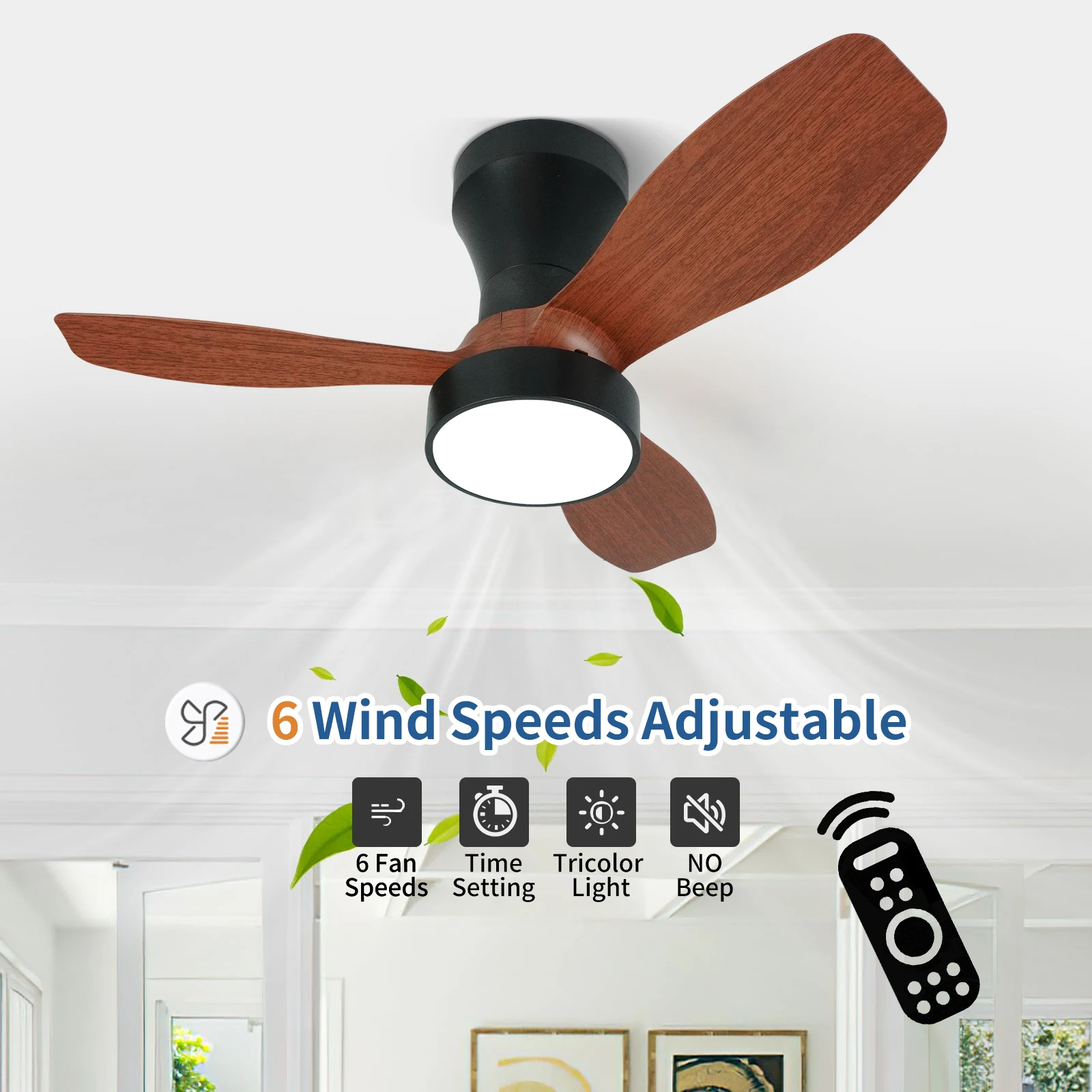 Small Modern White LED Ceiling Fan, DC Motor, Living Room, Bedroom, Dining Room Remote Dimming Pendant Light, Ceiling Fan